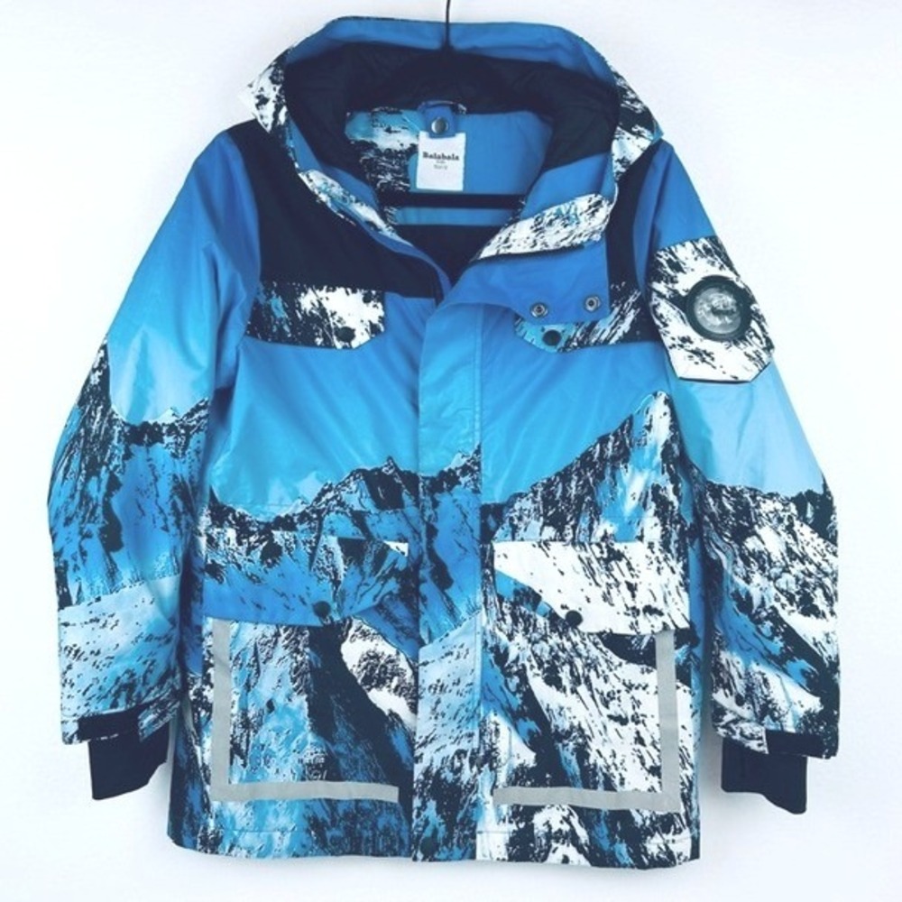 Balabala Ski Jacket Blue Mountain Print Hooded Winter Coat Kids US 12
